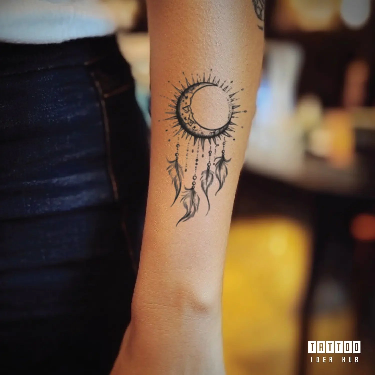 gypsy sun and moon dream catchter forearm temporary tattoo idea design