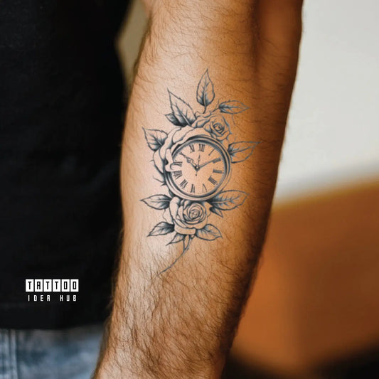 rose and clock forearm temporary tattoo idea design