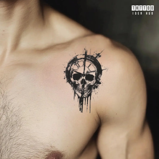 skull clock shoulder temporary tattoo idea design