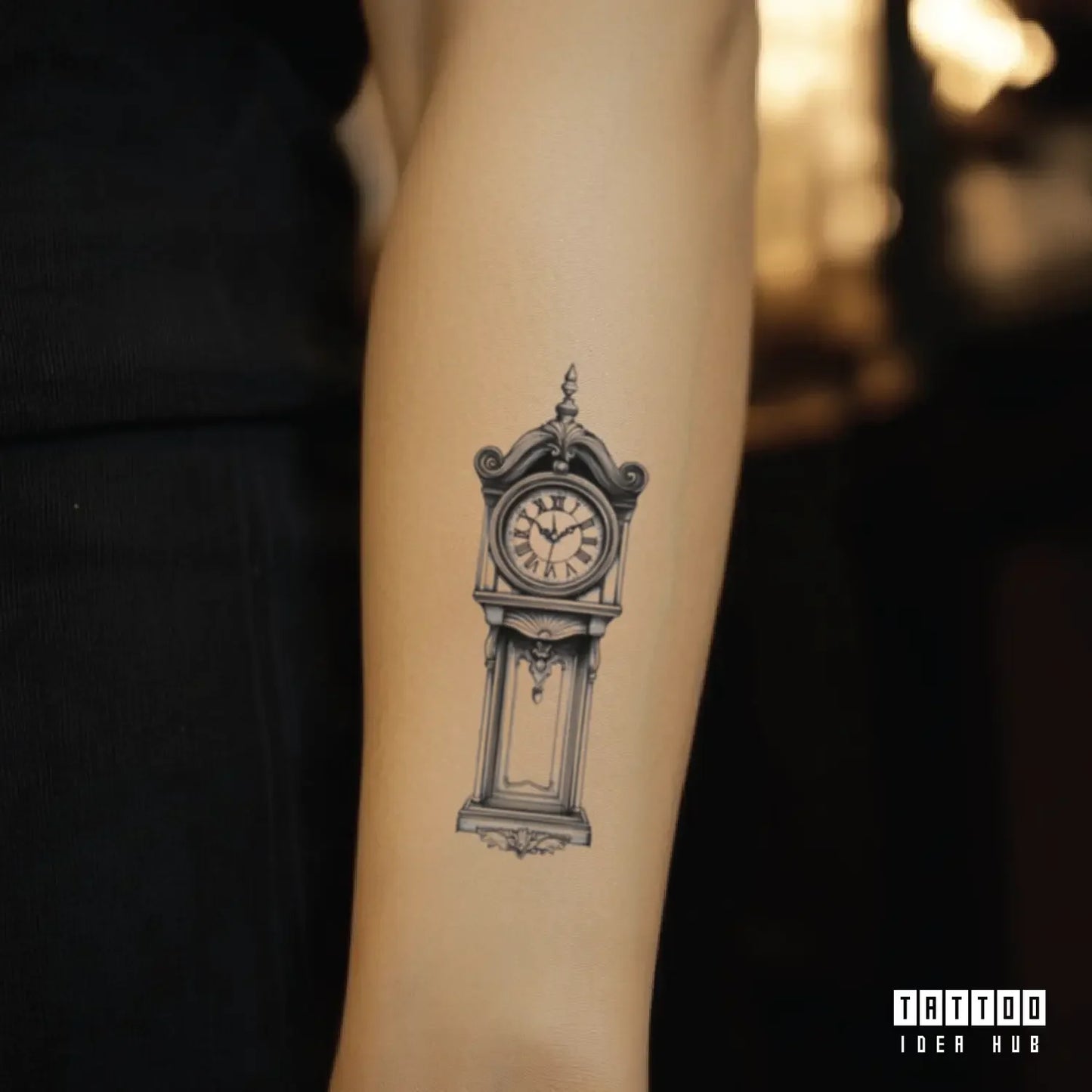 grandfather clock forearm temporary tattoo idea design