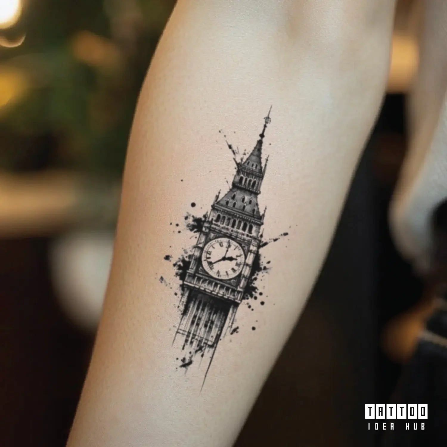 clock tower forearm temporary tattoo idea design