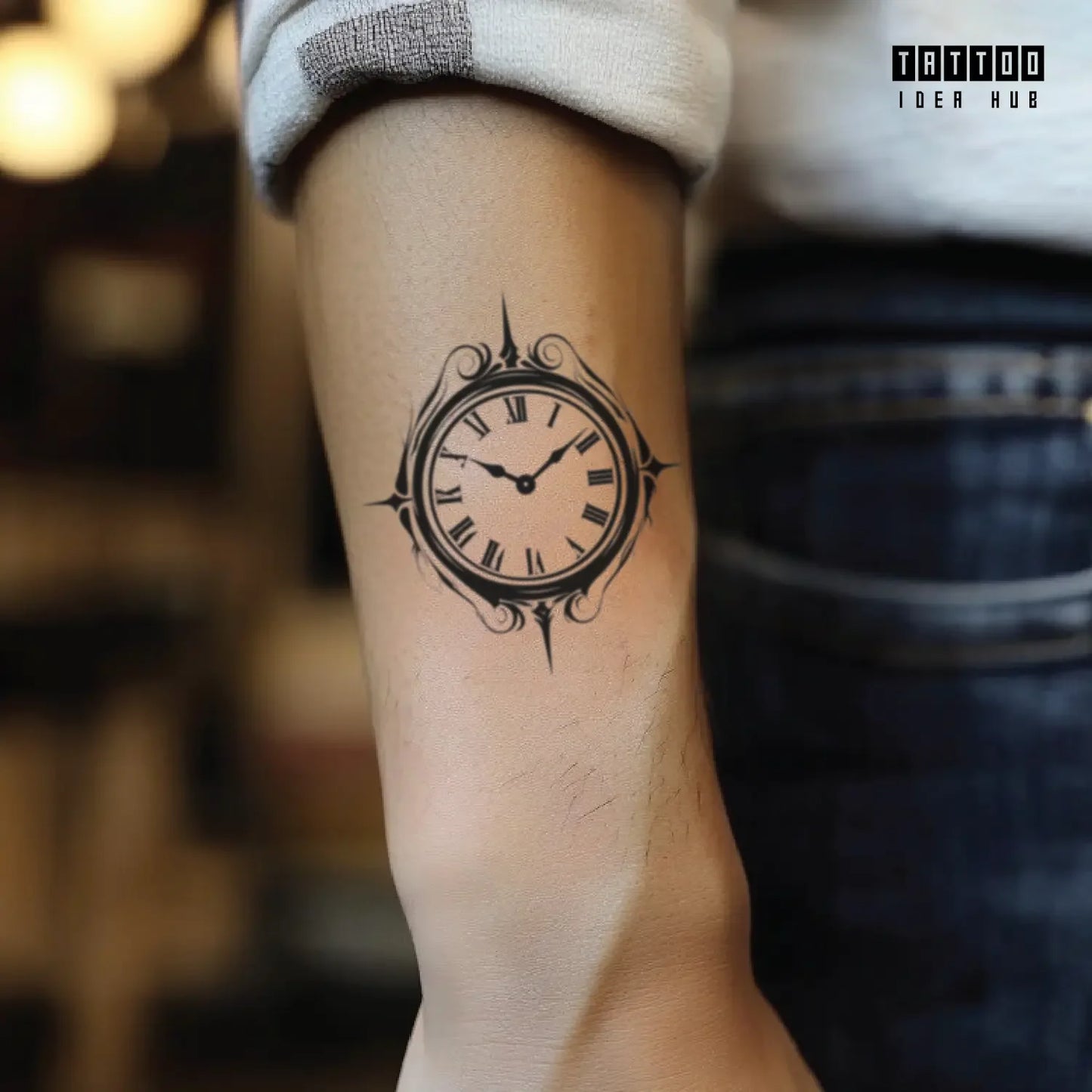 simple clock forearm temporary tattoo idea design