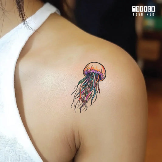 2d colorful jellyfish shoulder temporary tattoo idea design