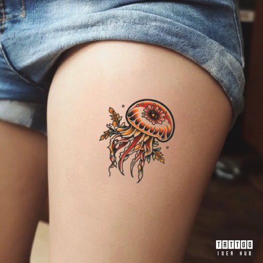 traditional jellyfish thigh temporary tattoo idea design