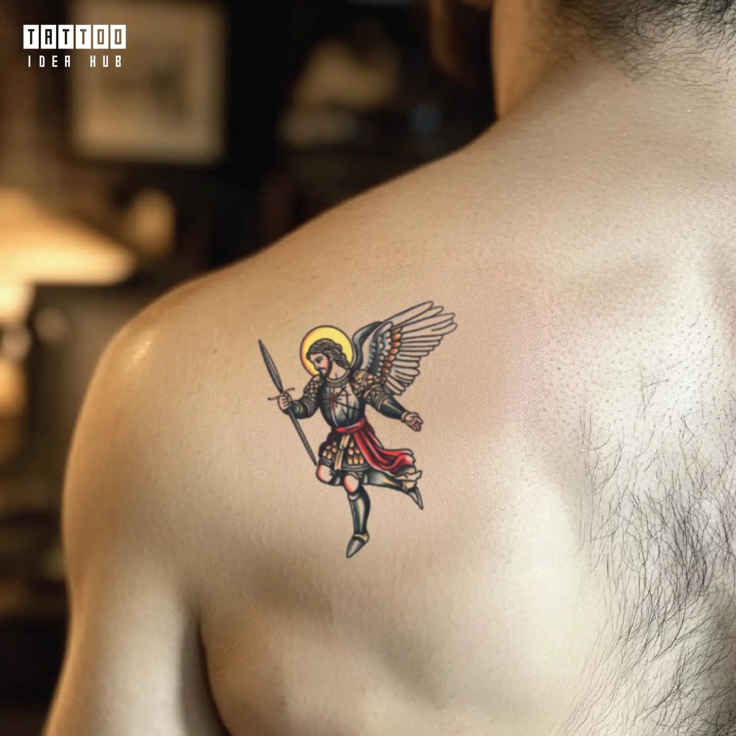 st michael traditional shoulder temporary tattoo idea design