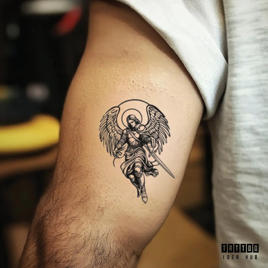 outline st michael bicep temporary tattoo idea design