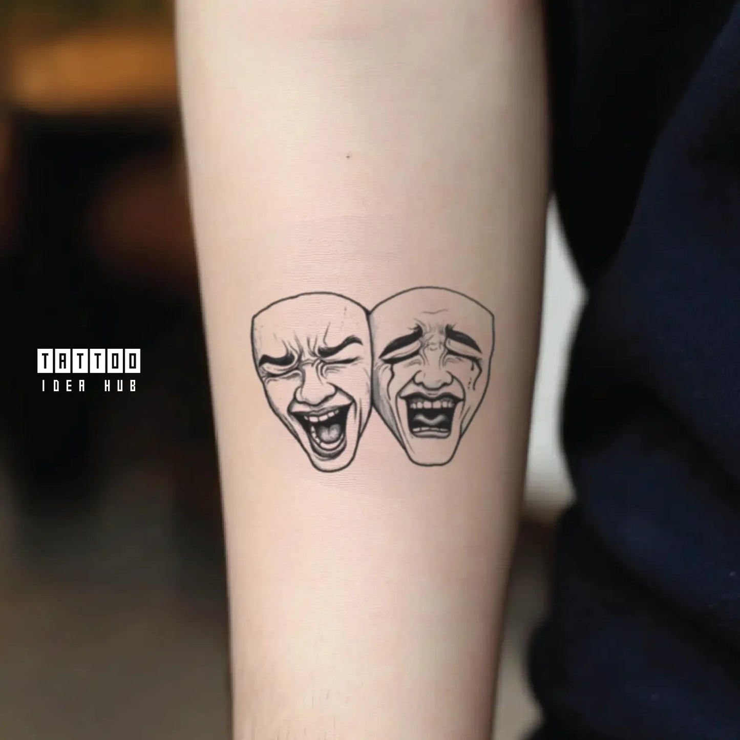 modern drama masks forearm temporary tattoo idea design